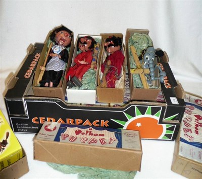 Lot 114 - Ten Early Boxed Pelham Puppets:- Skeleton; S.L. Lanky Man; S.M. Devil x 2; S.M. Witch;...