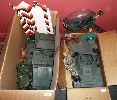 Lot 132 - Three Action Men and Accessories, including helicopter, armoured car, motorcycle and sidecar, jeep