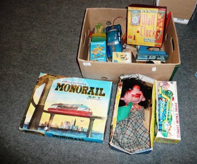 Lot 181 - Mixed Toys, including a battery operated Monorail Set, boxed Chad Valley washing machine,...