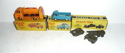 Lot 193 - Three Boxed Budgie Toys Diecast Vehicles:- Commer Low Loader Coca-Cola Van No.228, in orange...