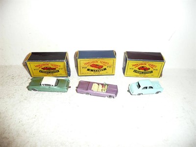 Lot 215 - Three Boxed Matchbox 1 - 75 Series Cars:- Cadillac Sixty Special No.27, with silver-grey body,...