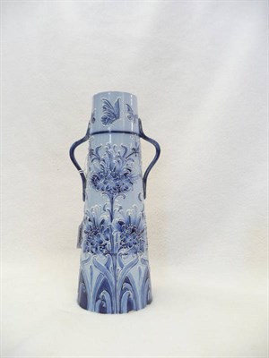 Lot 1581 - A William Moorcroft Florian Ware "Butterfly" Twin-Handled Vase, in tones of blue, printed brown...