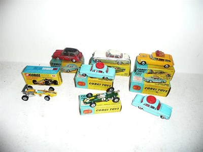 Lot 230 - Seven Boxed Corgi Cars:- Austin A60 Motor School Car No.236 x 2; Lotus-Climax Racing Car...