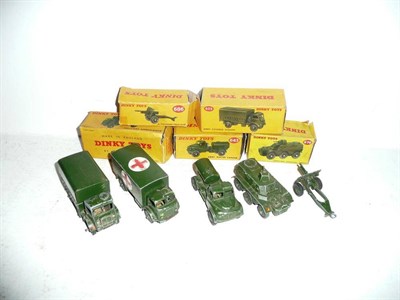 Lot 268 - Five Boxed Playworn Dinky Military Vehicles:- Military Ambulance No.626; Army Covered Wagon No.623