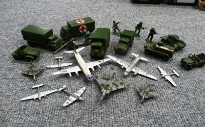 Lot 283 - Nine Dinky Military Vehicles; Nine Dinky Aircraft, and plastic soldiers