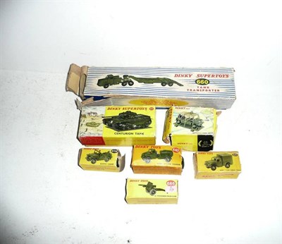 Lot 287 - Seven Boxed Dinky Military Vehicles:- Tank Transporter No.660; Centurion Tank No.651; Austin...