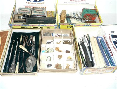 Lot 303 - Mixed Collectors Items, including button hooks, badges, boxes of pen nibs, pocket knives, bone...