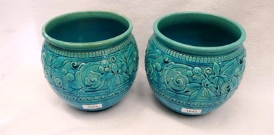 Lot 1602 - A Pair of Burmantofts Faience Pottery Jardinieres, shape No.1184, moulded with vines and...