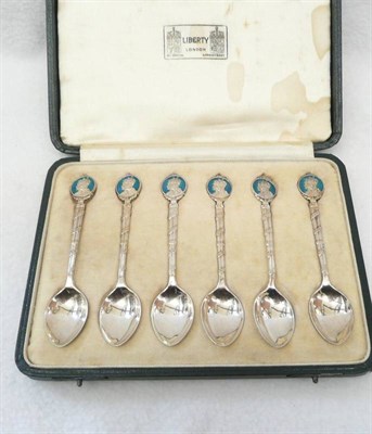 Lot 1615 - A Set of Six Silver and Enamel Jubilee Spoons, by Liberty & Co, Birmingham 1935., commemorating the