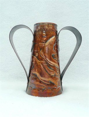 Lot 1616 - A Newlyn School Copper Twin-Handled Vase, beaten effect handles, the tapering body cast with...