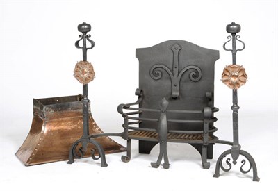 Lot 1620 - An Arts & Crafts Cast and Wrought-Iron Fire Grate and Hood, the basket supported by scrolling...