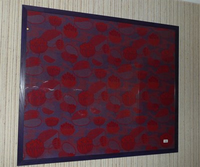 Lot 1628 - A 1970's Fabric Square, possibly by Edinburgh Weavers, deep red and blue water lilies and pads,...