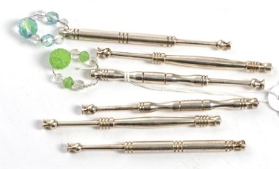 Lot 2041 - Six Modern Silver Lace Makers Bobbins, stamped London 1971 and makers mark KT, of differing shapes