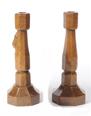 Lot 1647 - A Pair of Robert "Mouseman" Thompson Oak Candlesticks, by Richard (Dick) Pollard, of octagonal...