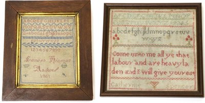 Lot 2070 - A 19th Century Small Sampler by Frances Hinman Ashwall, Dated 1861, the alphabet and numbers worked