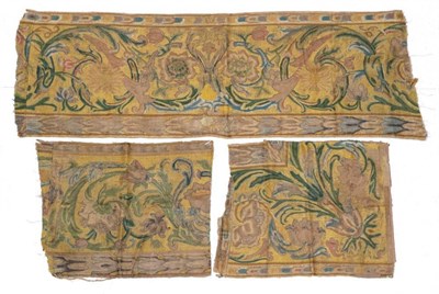 Lot 2071 - Three 18th Century Needlework Panels, embroidered with large blue and white flower heads, red...
