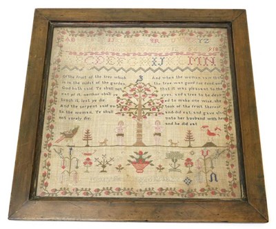Lot 2072 - A 19th Century Adam and Eve Sampler by Mary Best, Aged 12 Years, Dated 1829, the central...