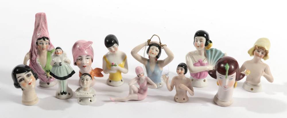 Lot 2007 - Assorted China Half Dolls and other Figures, comprising a miniature standing female Pierrot,...