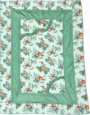 Lot 2023 - Circa 1930s Cotton Printed Quilt, with red, yellow and blue flowers, within a green satin type trim