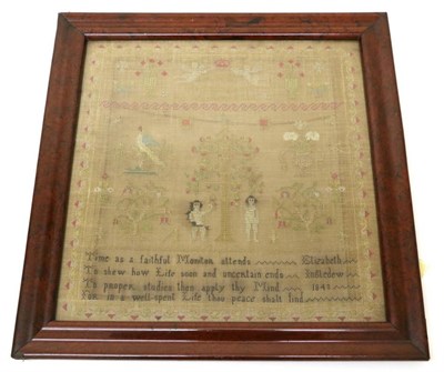 Lot 2075 - A 19th Century Adam and Eve Sampler, by Elizabeth Ingledew, Dated 1843, the central section...