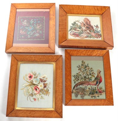 Lot 2078 - Four 19th Century Birds Eye Maple Frames, enclosing 20th century wool work tapestries and...