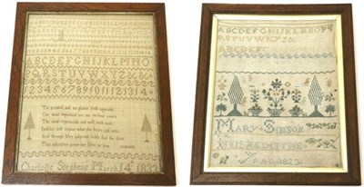 Lot 2079 - A 19th Century Sampler by Mary Simson, Dated 1823, the alphabet worked in various muted...