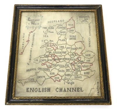 Lot 2081 - An 18th Century Needlework Map of England and Wales, by Elizabeth ***Land, Dated 1778, worked...