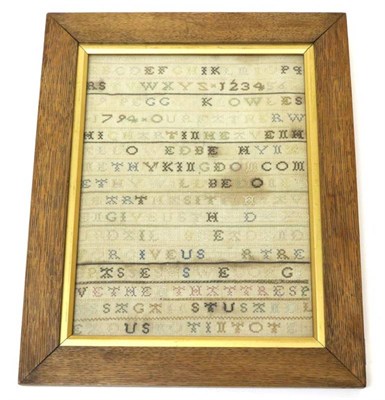 Lot 2082 - An 18th Century Band Sampler, by Peggy Knowles, Dated 1794, the upper section worked with an...