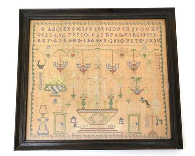Lot 2085 - A 19th Century French Sampler, by Virginie Rey, Aged 11, Dated 1830, worked on peach linen...