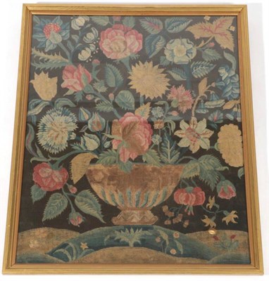 Lot 2088 - An 18th Century Needlework Panel, depicting a still life of flowers in a blue and striped bowl,...