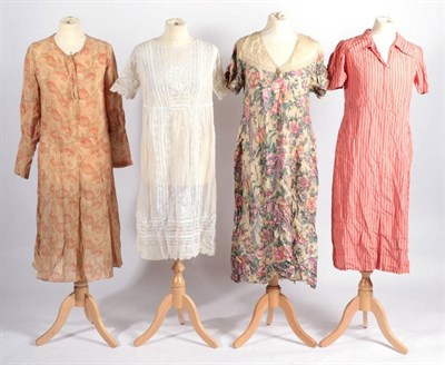 Lot 2102 - Four Circa 1920s Day Dresses, comprising a white cotton example with lace and crochet insertions; a