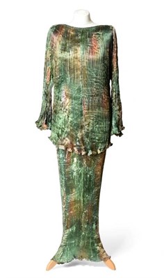 Lot 2123 - Charles and Patricia Lester, Wales Sea Green 'Iridescent' Silk Two Piece with Multi Pleating,...