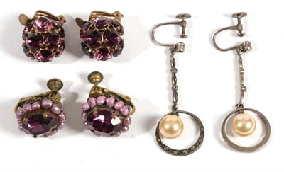 Lot 2183 - Pair of Miriam Haskell Purple Paste Cluster Clip on Earrings,  and a similar pair, pair of hoop...