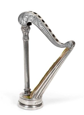 Lot 2188 - Sampson Mordan & Co Silver Hat Pin Stand Modelled as a Harp, with a fluted column, and green velvet