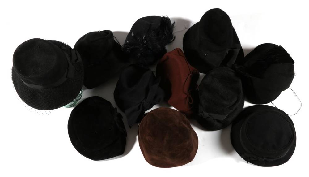 Lot 2215 - Assorted Circa 1920 and Later Hats, including an Ausco black wool hat with appliqué grosgrain...