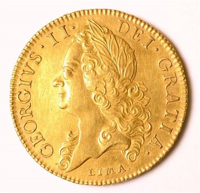 Lot 30 - George II (1727-1760), Five Guineas, 1746, old laur. head left, Lima below, edge D.NONO,...
