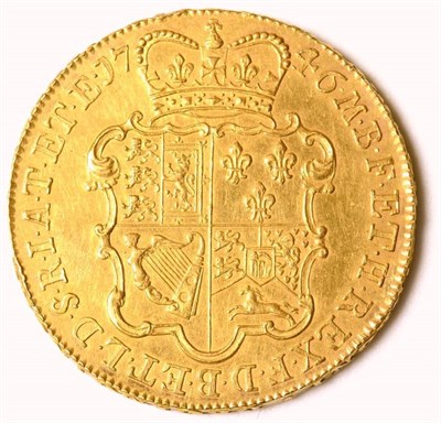 Lot 30 - George II (1727-1760), Five Guineas, 1746, old laur. head left, Lima below, edge D.NONO,...
