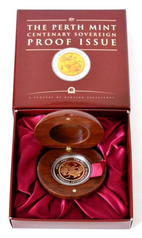 Lot 96 - Australia gold proof sovereign, 1999, Perth mint centenary. Mint state in case of issue