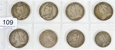 Lot 109 - Victoria, 5 x Crowns: 1889, 1892, 1893 LVI, 1896 LX & 1900 LXIV, 2 x double florins: both 1890 (one