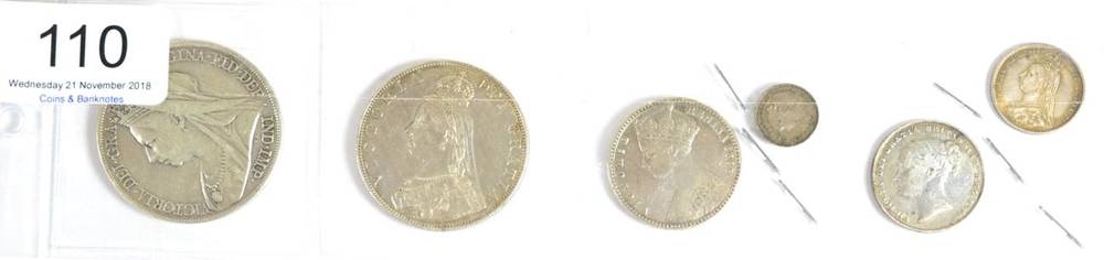 Lot 110 - Victoria, 6 x Silver Coins comprising; crown 1900 LXIII contact marks, obv hairlines/light...