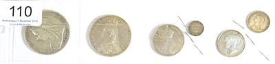 Lot 110 - Victoria, 6 x Silver Coins comprising; crown 1900 LXIII contact marks, obv hairlines/light...