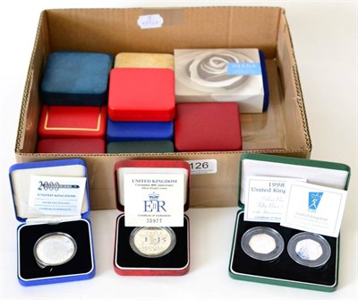 Lot 126 - 9 x Silver proof Crowns & £5 Coins comprising: 1980, 1981, 1990, 1993, 1996, 1997, 1998, 1999...