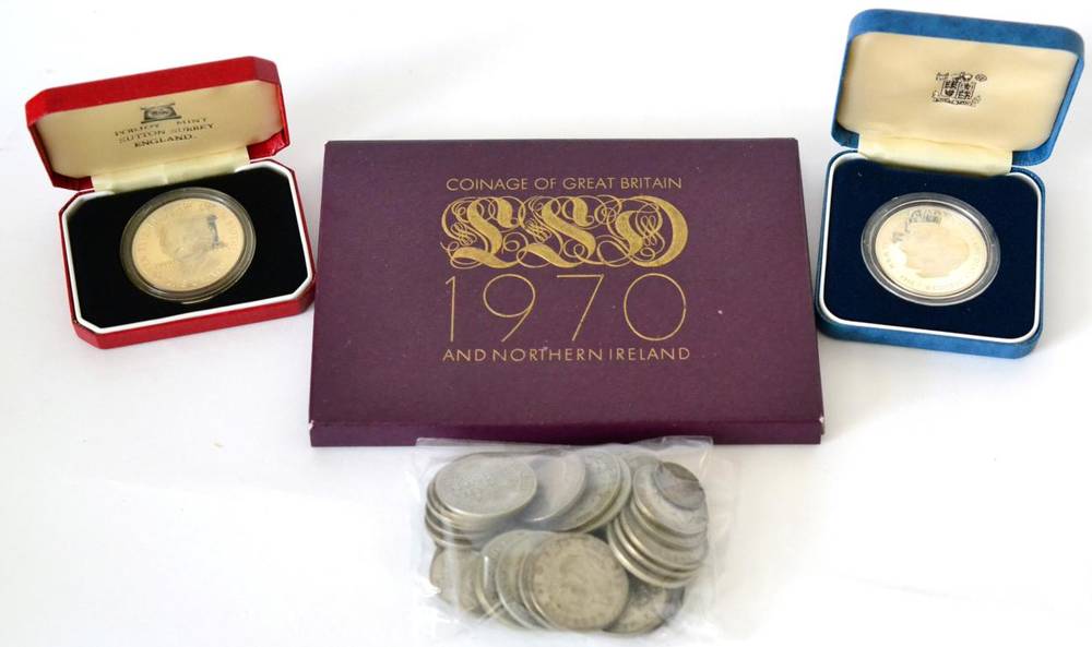 Lot 134 - £3.77½ Face Value Pre-47 Silver, wt  420g, together with RM proof set 1970 with cert, in...