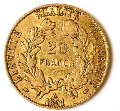 Lot 145 - France Gold 20 Francs 1851A, 6.41g, .900 gold, GFine to AVF
