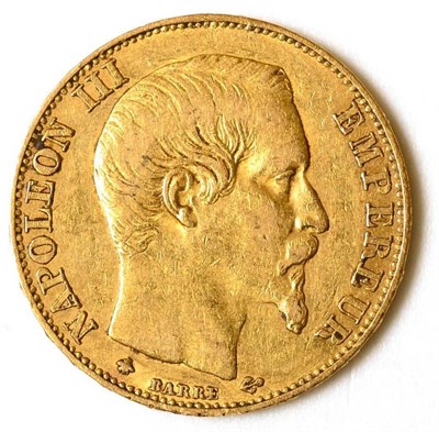 Lot 146 - France Gold 20 Francs 1858BB (Strasbourg Mint), 6.44g, .900 gold; minor contact marks o/wise AVF