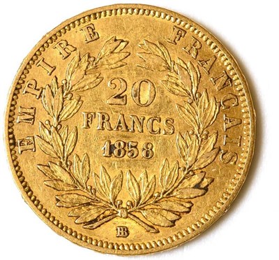 Lot 146 - France Gold 20 Francs 1858BB (Strasbourg Mint), 6.44g, .900 gold; minor contact marks o/wise AVF