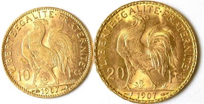 Lot 148 - France Gold 20 Francs 1907, 6.45g, .900 gold VF to GVF, together with gold 10 francs 1907...