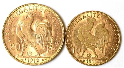 Lot 149 - France Gold 20 Francs 1912, 6.46g, .900 gold, minor contact marks GVF/VF, together with gold 10...