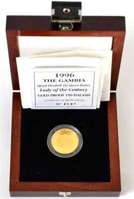 Lot 150 - The Gambia, gold proof 150 Dalasis, 1996, Queen Elizabeth and the Queen Mother, 7.776g, 14ct....
