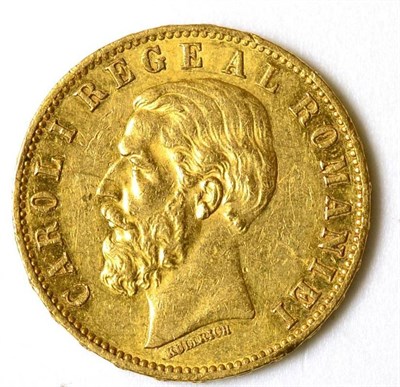 Lot 154 - Rumania, Gold 20 Lei 1883B, 6.44g .900 gold; minor marks/hairlines & two small rev rim nicks at 7 &